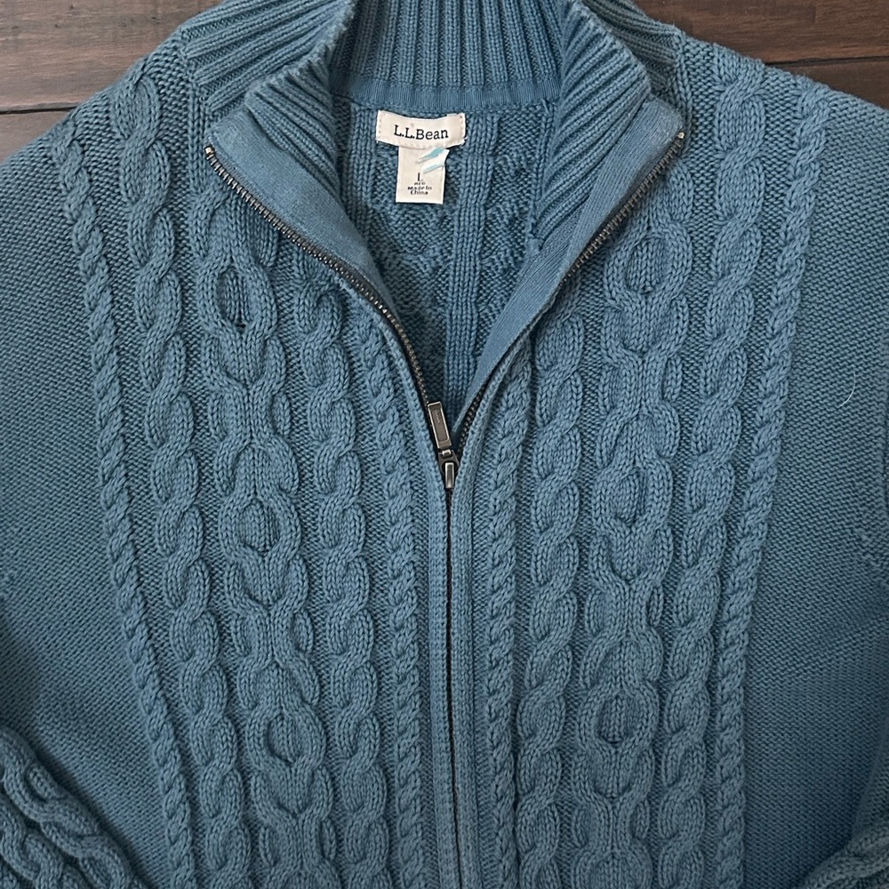 L.L. Bean Men's Zip-Up Cable Knit Sweater - Blue - Picture 2 of 3